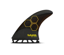 Load image into Gallery viewer, AM2 Techflex Thruster Black surf fin with yellow 'futures.' logo on a white background PORTUGAL