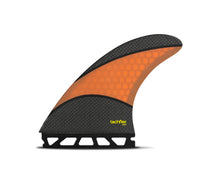 Load image into Gallery viewer, AM2 Techflex Thruster Black surf fin with yellow 'futures.' logo on a white background PORTUGAL