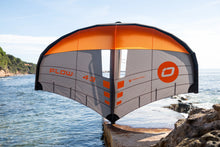 Load image into Gallery viewer, Orange and gray kite with 'Flow' branding on a water background ozone Flow v2 branding on a wingfoil portugal