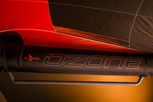Load image into Gallery viewer, Close-up of a red and black Ozone fishing rod with branding details. ozone Flow v2 branding on a wingfoil portugal