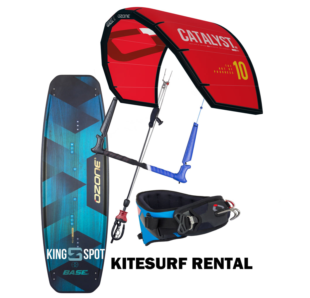 Rent Rentals Ozone Kitesurf pack with kite bar board twintip harness pump leash Enduro Edge Catalyst Code base pacote completo kitesurf portugal kingzspot Mystic lisboa